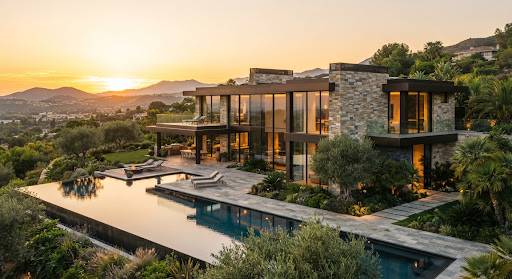 Contemporary Nestora residence overlooking a sunset landscape