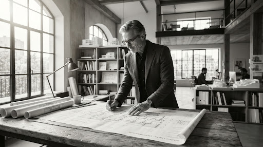 Architect reviewing detailed home plans