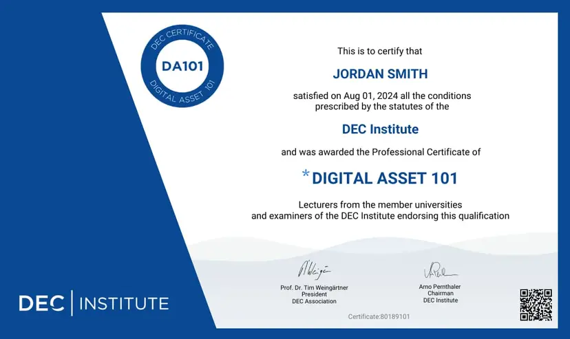 DEC Institute Digital Asset 101 certificate 2